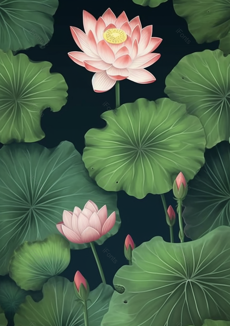 池塘里的荷花与荷叶自然之美插画壁纸背景,插画/手绘图,插画/手绘图库,插画/手绘图下载,插画/手绘